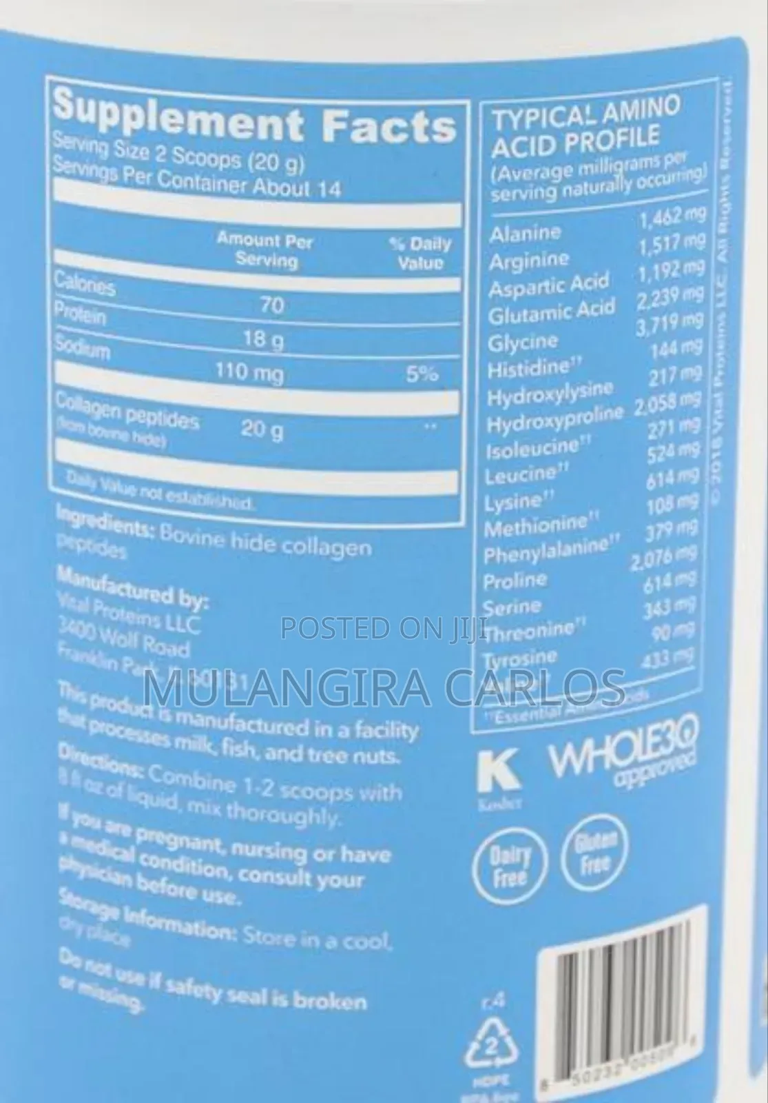 Vltal Proteins, Collagen Peptides. Dietary Suppliment. (Powder) 20g