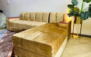 Photo - Brown Shinning 6 Seater L Sofa With Golden Stripe