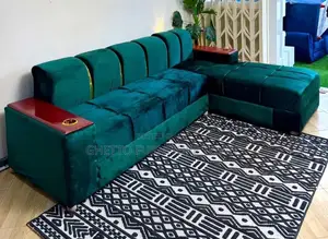 Photo - Green L Sofa With Wooden Face With Cupholders
