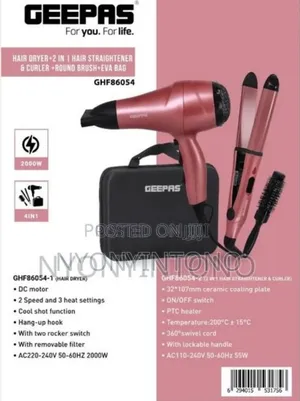 Geepas 4-in-1 Hair Dryer, Straightener,Curler Bag Ghf86054