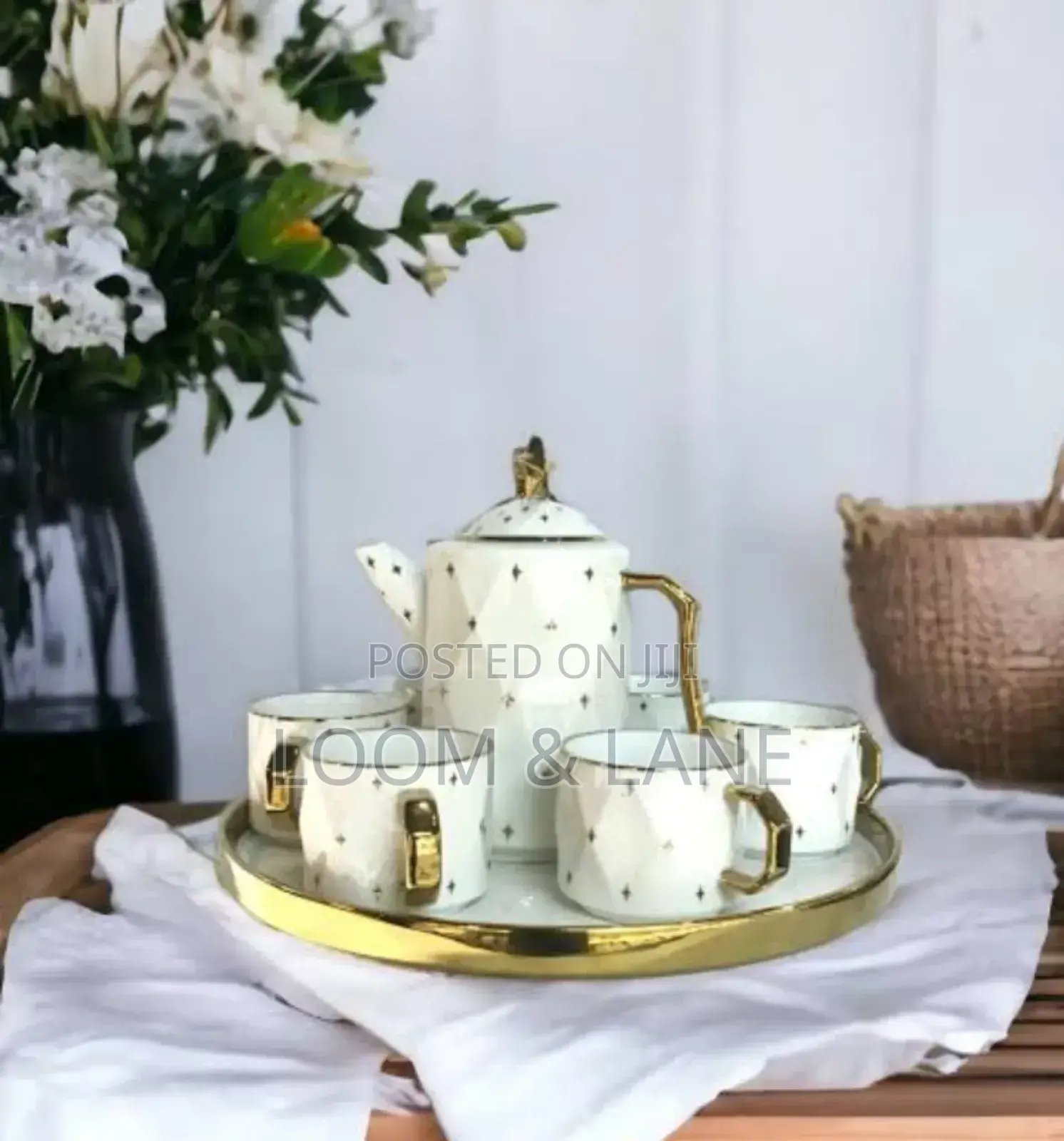 Rotating Tray, Cups and Kettle Gold White
