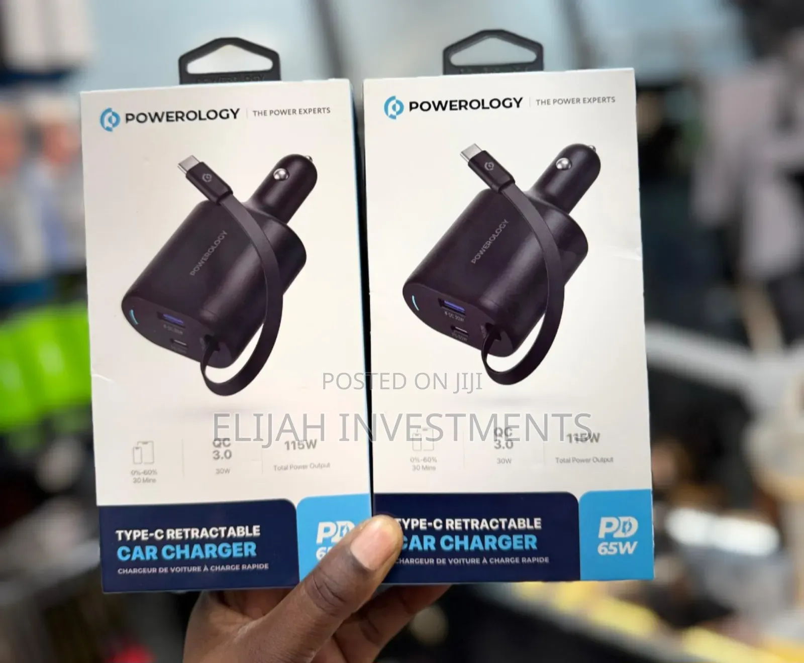 Powerology Type-C Retractable Car Charger 65w