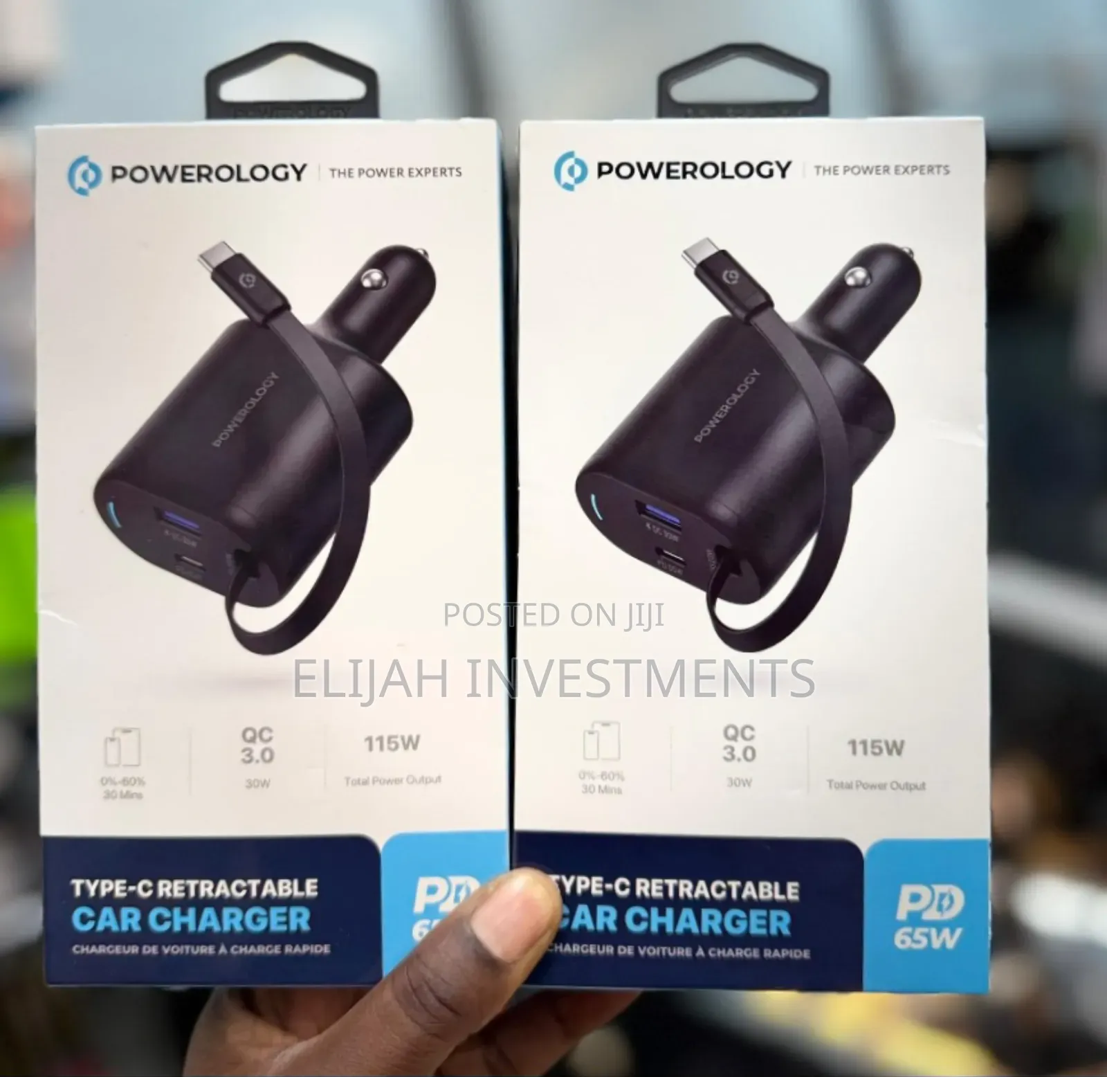 Powerology Type-C Retractable Car Charger 65w