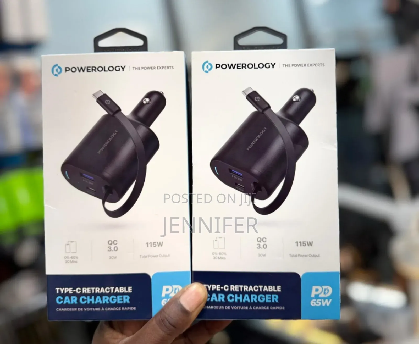 Powerology Type-C Retractable Car Charger 65w