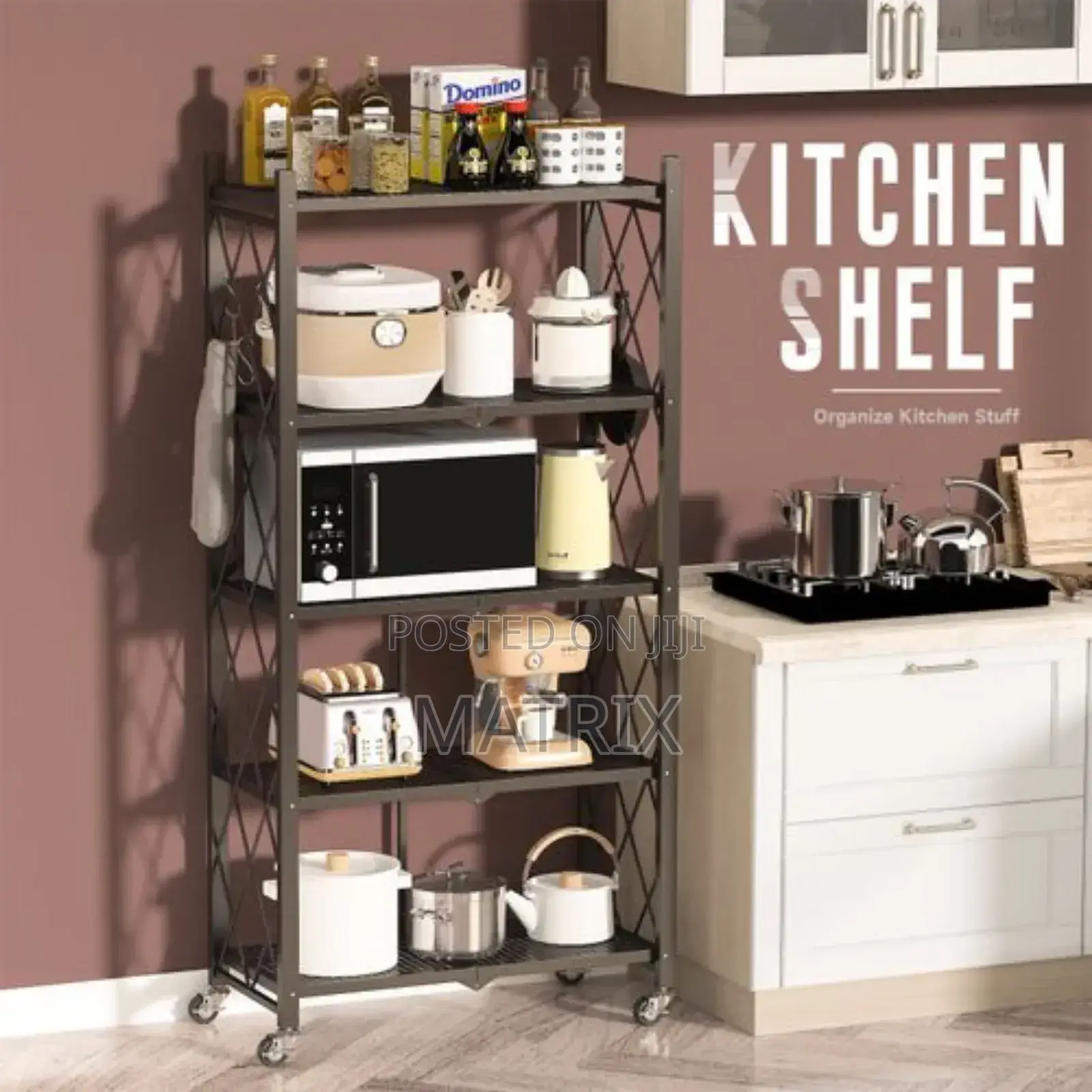 5 Tier Foldable Storage Shelf, Metal Rack, Kitchen Shelf