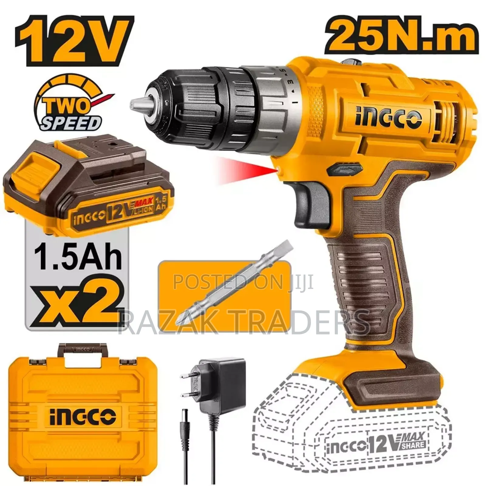 Ingco Cordless Drill 0.8-10 Mm Chuck Size 12 v and 1500 RPM