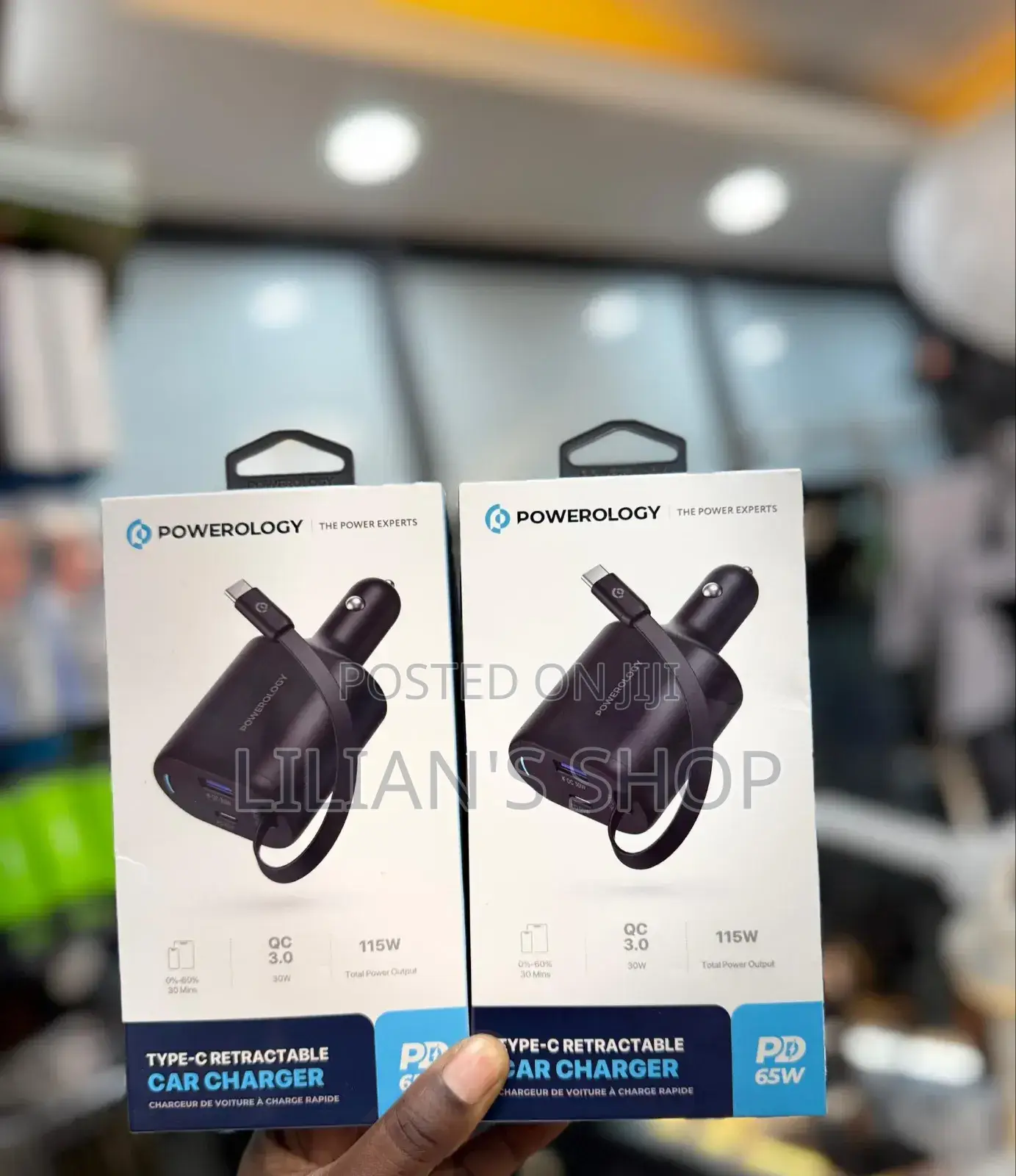 Powerology Type-C Retractable Car Charger 65w
