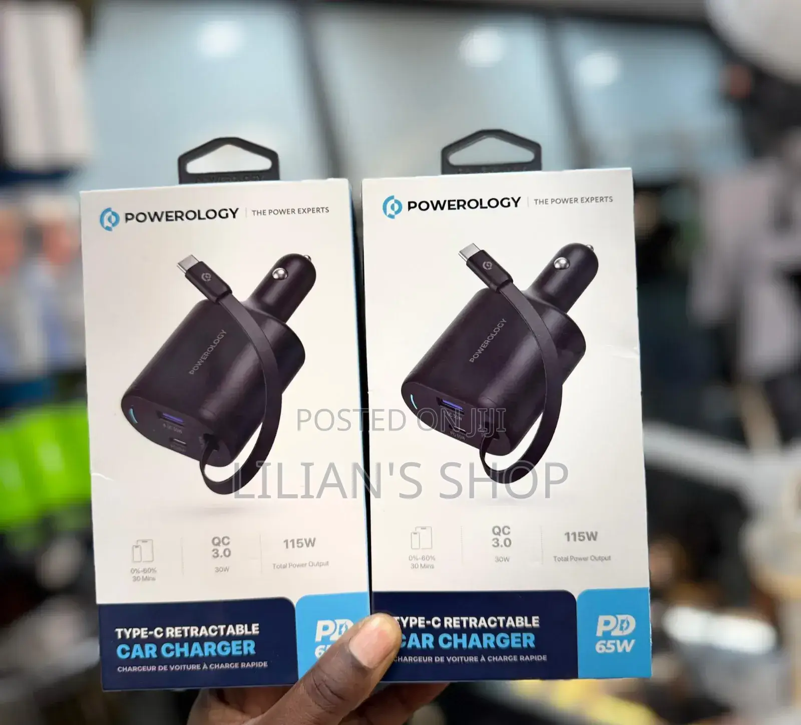 Powerology Type-C Retractable Car Charger 65w
