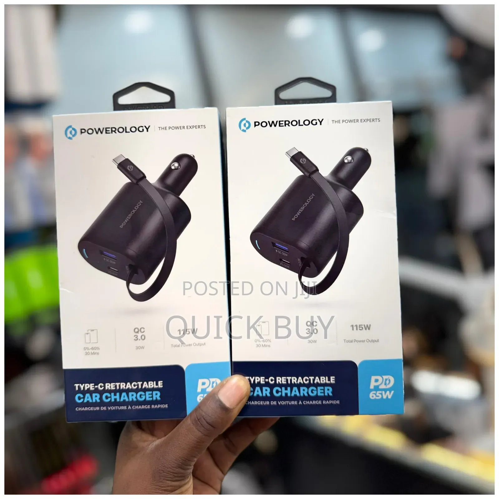 Powerology Type-C Retractable Car Charger 65w