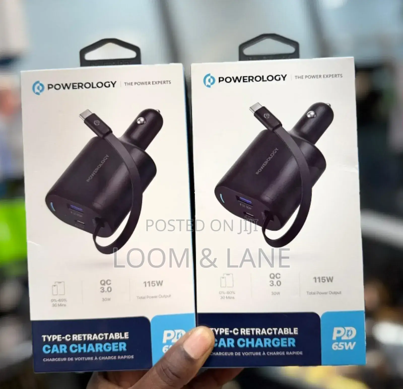 Powerology Type-C Retractable Car Charger 65w