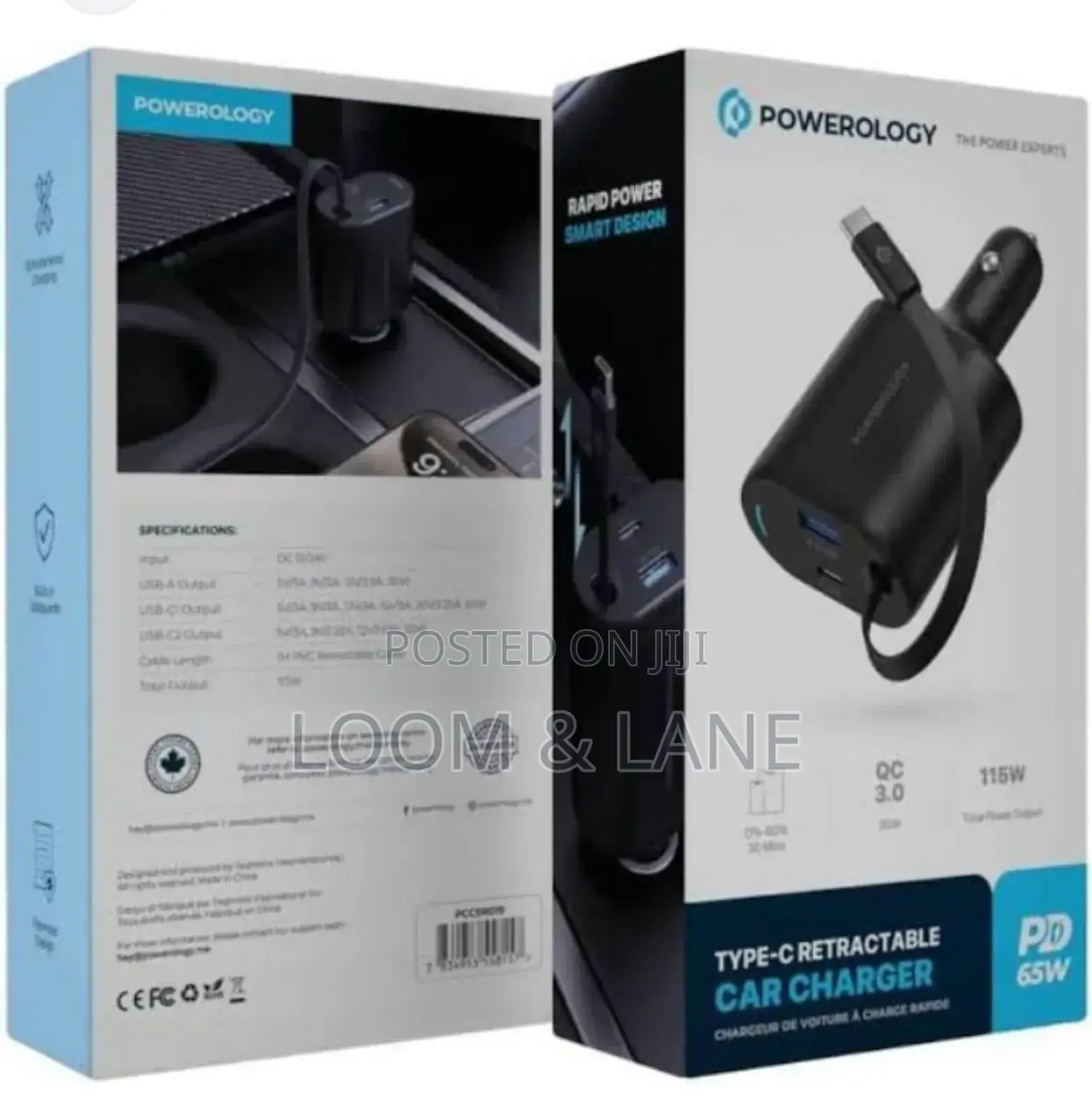 Powerology Type-C Retractable Car Charger 65w