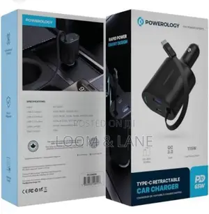 Powerology Type-C Retractable Car Charger 65w