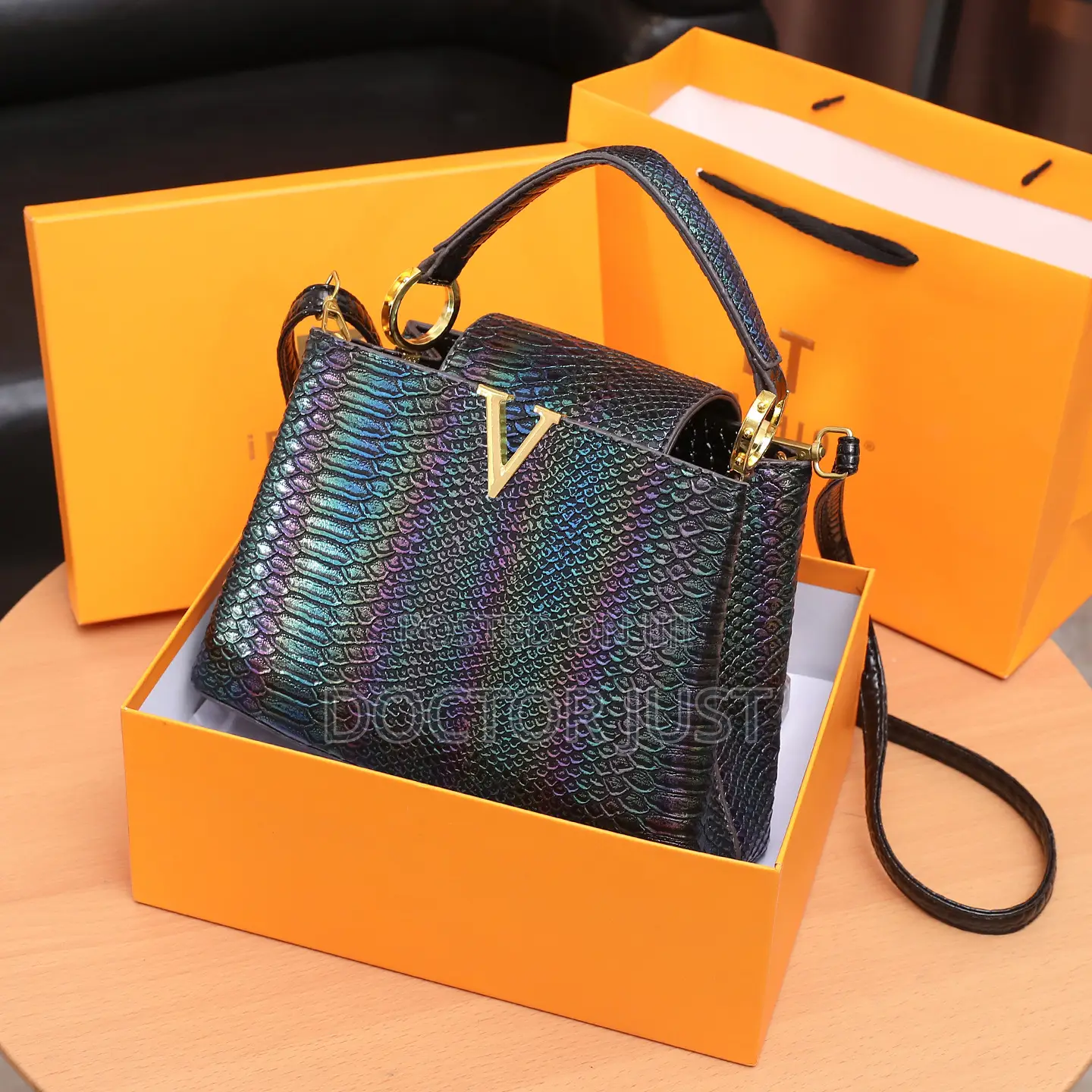 Blue Hard Leather Snake Pattern Bag