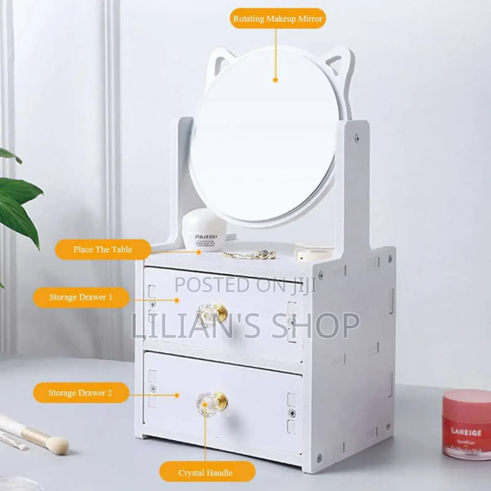 2 Tiers Vanity Makeup Tabletop Mirror Storage With Drawer