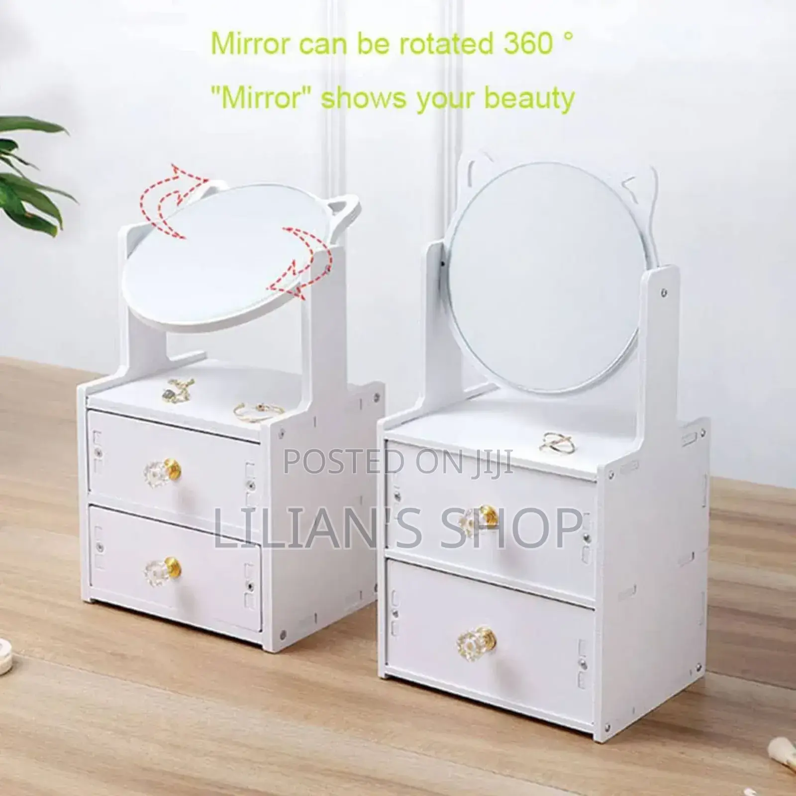 2 Tiers Vanity Makeup Tabletop Mirror Storage With Drawer