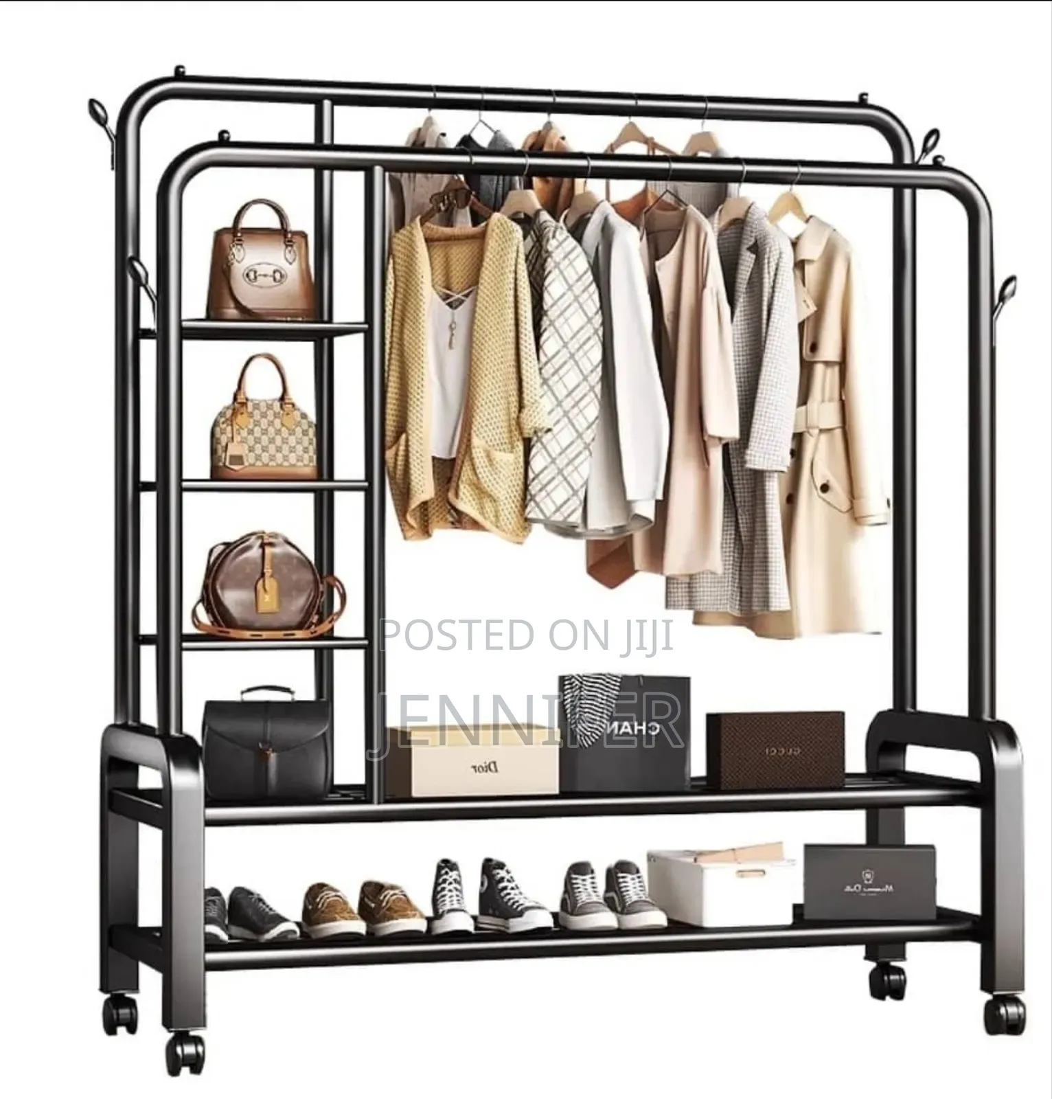Metallic Clothes Rack With Shelves