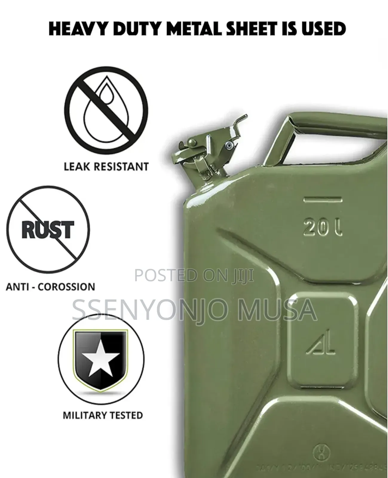 20l Military Green Fuel Jerrycan - Durable Metal Jerry Can