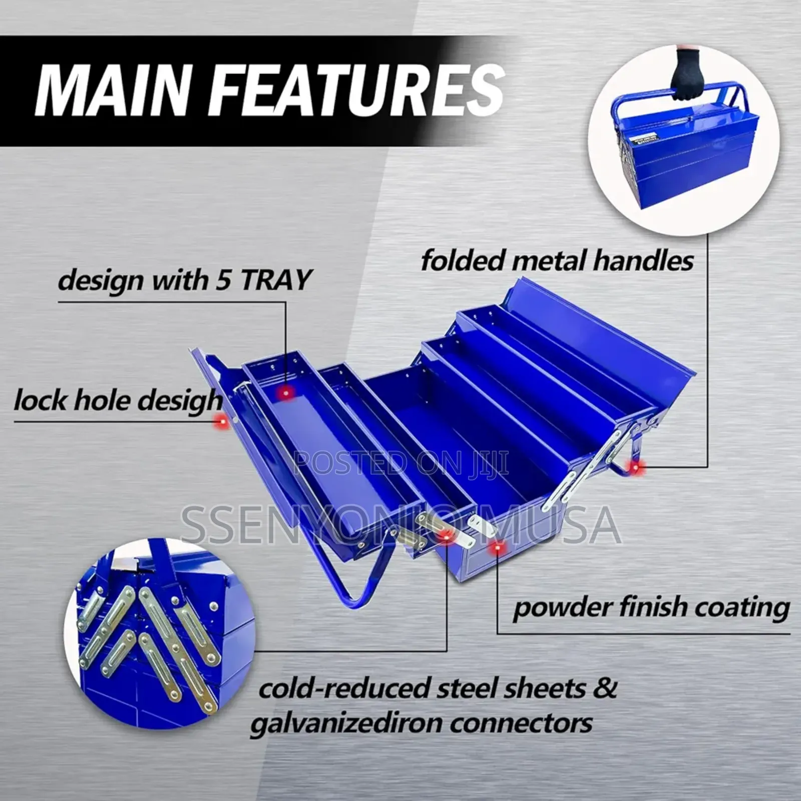 3-Tier Metal Tool Box - 5 Tray Fold Out Steel Storage