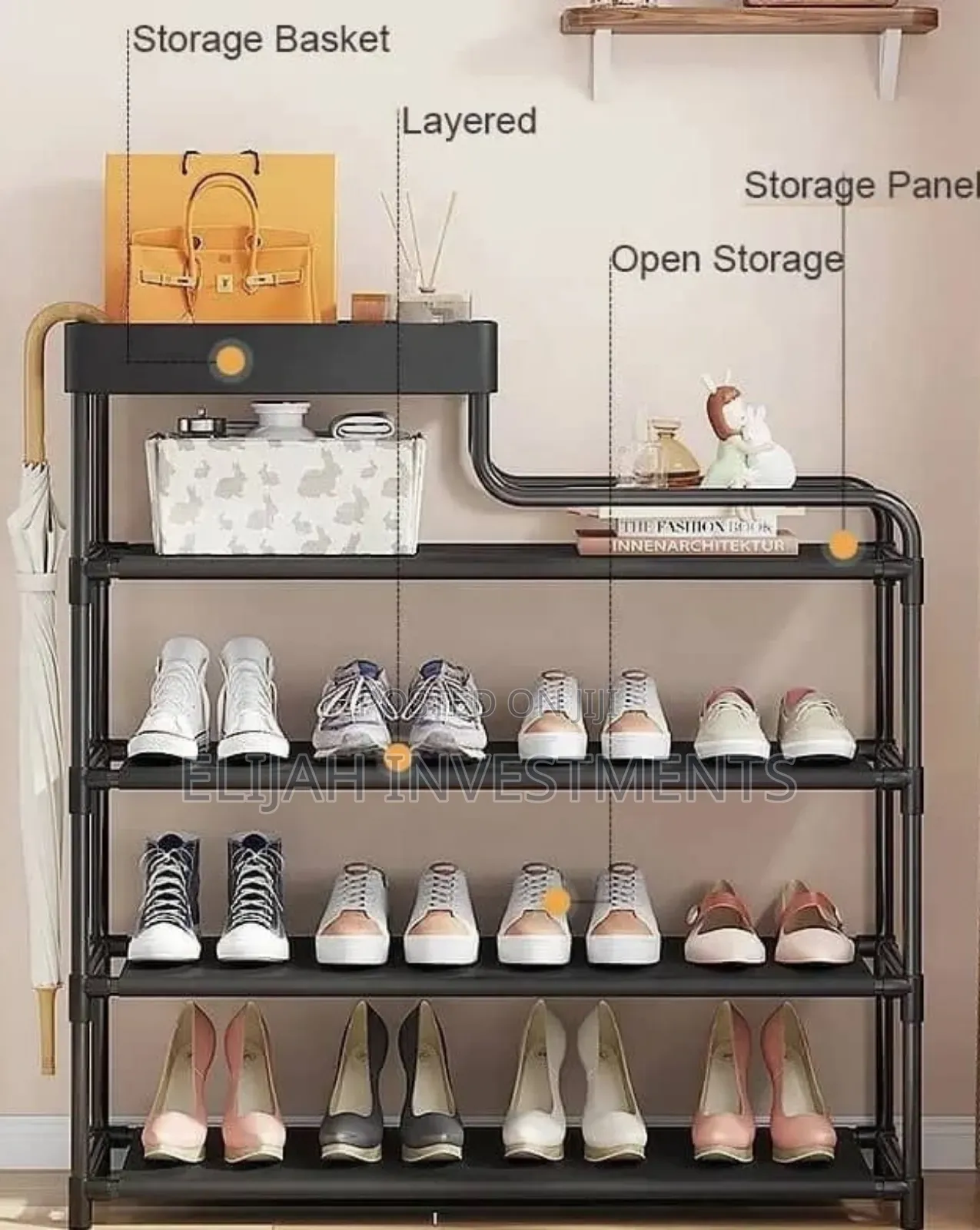5layer 80cm Metal Multifunction Shoe Storage Rack Black