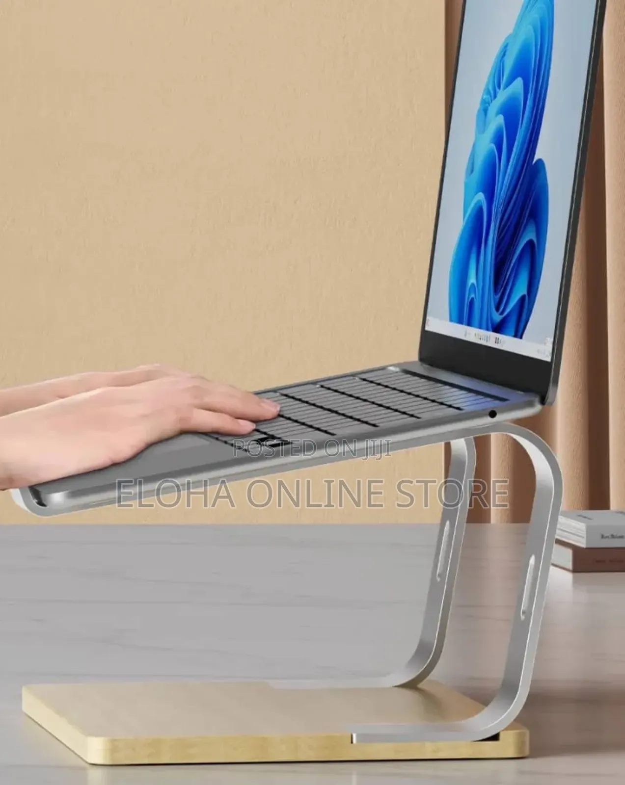 Ergonomic Aluminum Laptop Riser Holder With Wooden Base