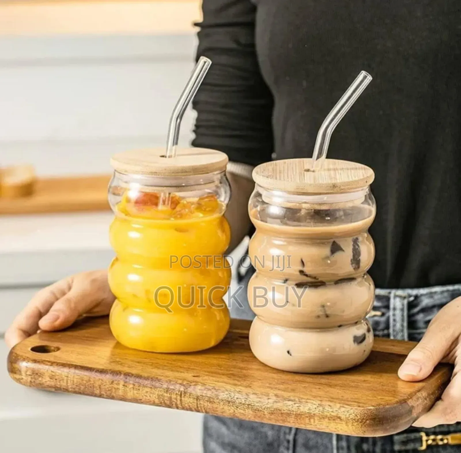 Glass Tumbler With Airtight Wooden Lid and Straw