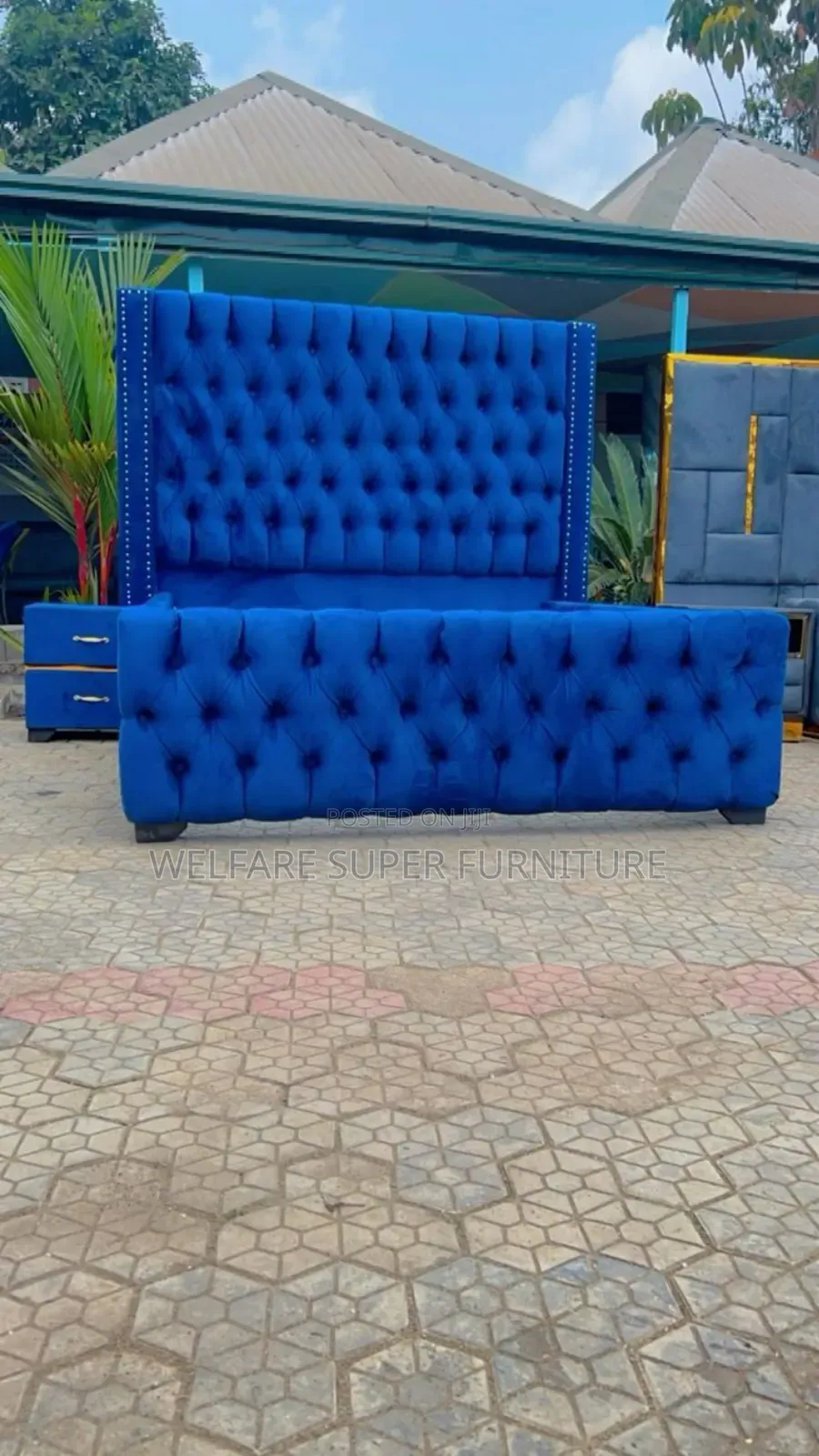 5 6 Chester Field Bed in Blue Colours With Side Drawers