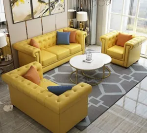 Mustard Yellow Leathered Chesterfield Sofas