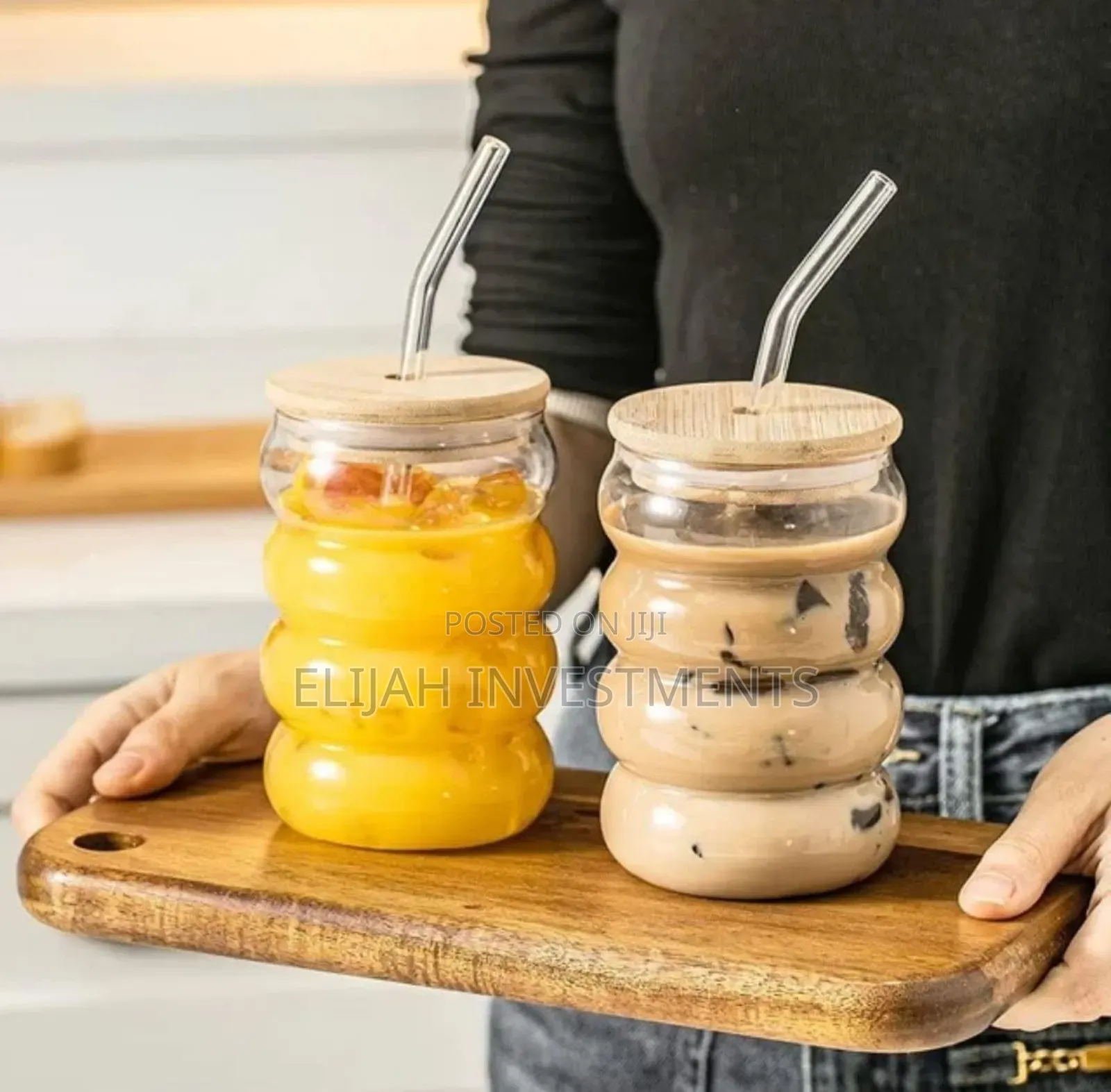 Glass Tumbler With Airtight Wooden Lid and Straw