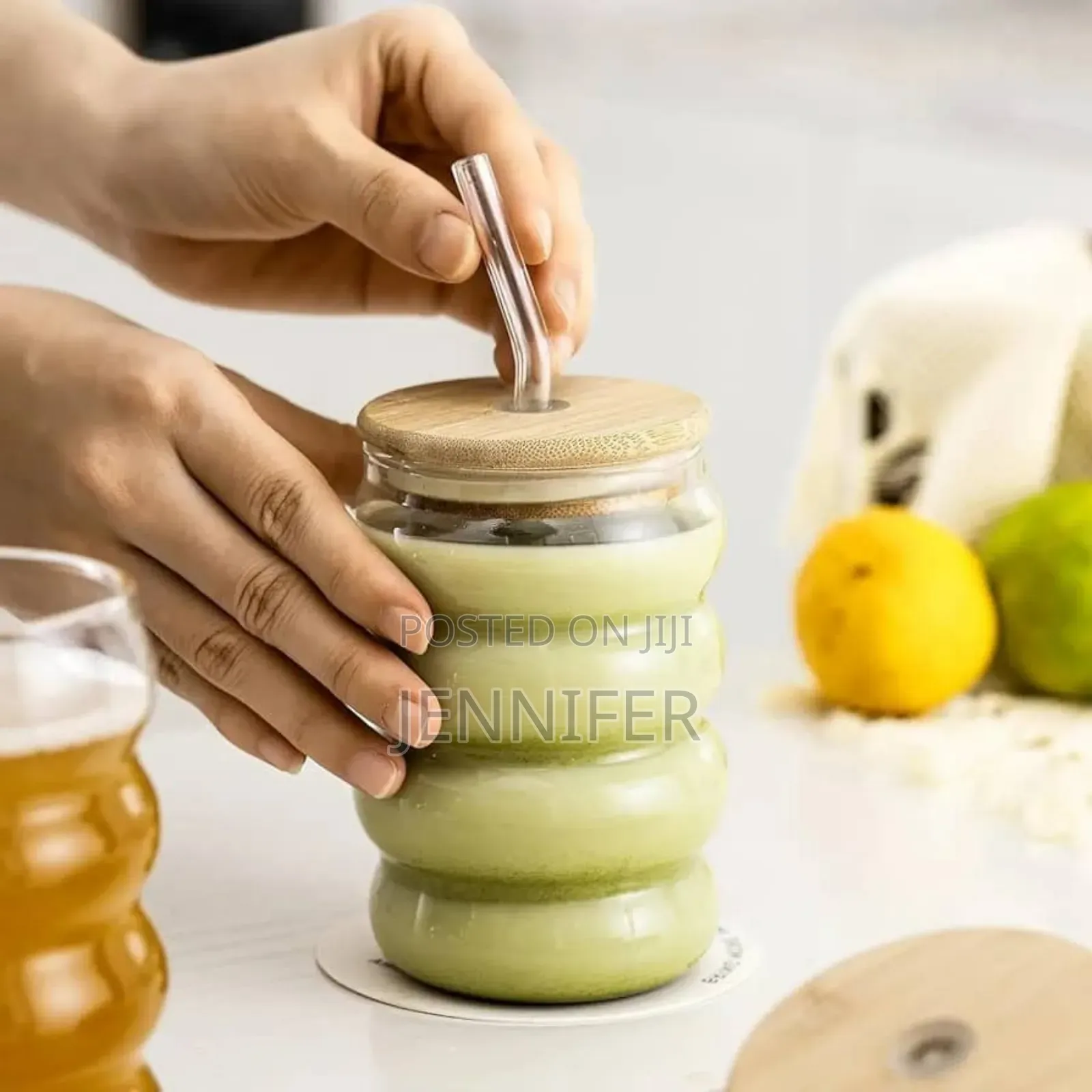 Glass Tumbler With Airtight Wooden Lid and Straw