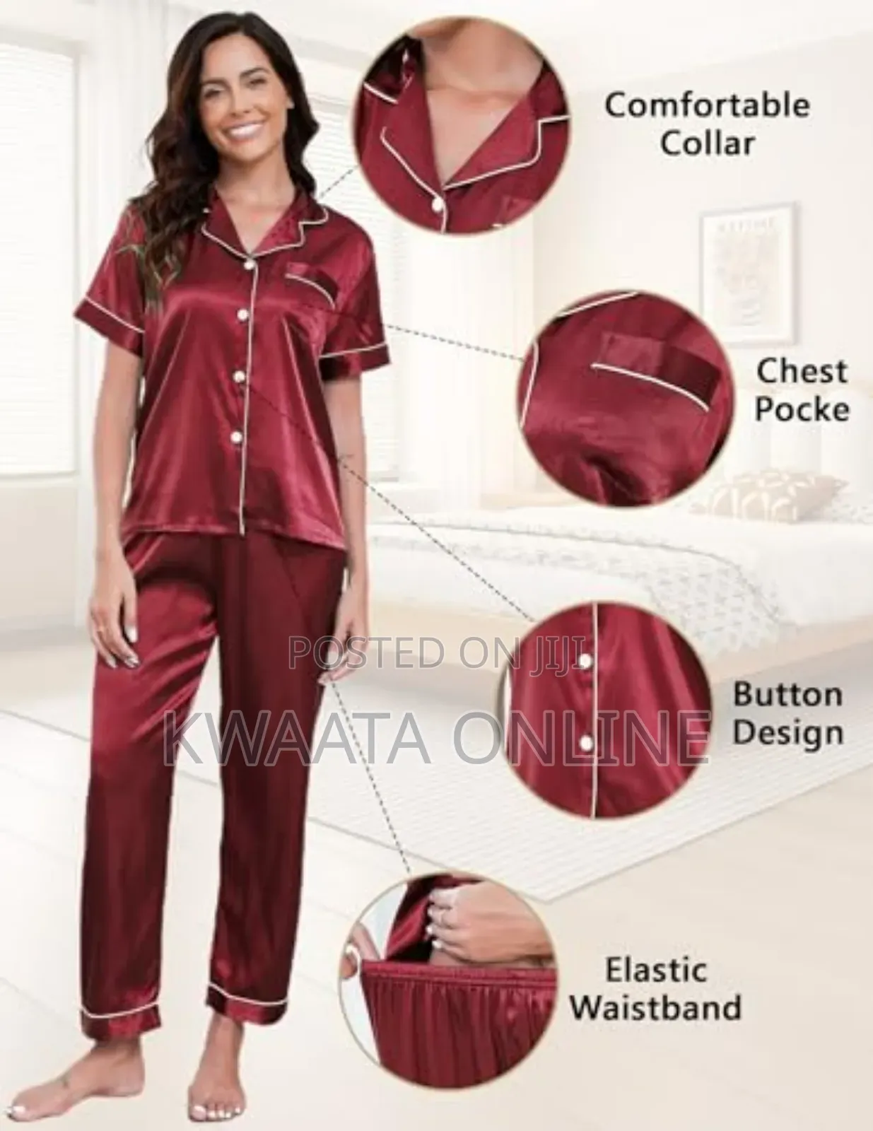 2pc Women Satin Silk Pajamas, Short Sleeve Loungewear