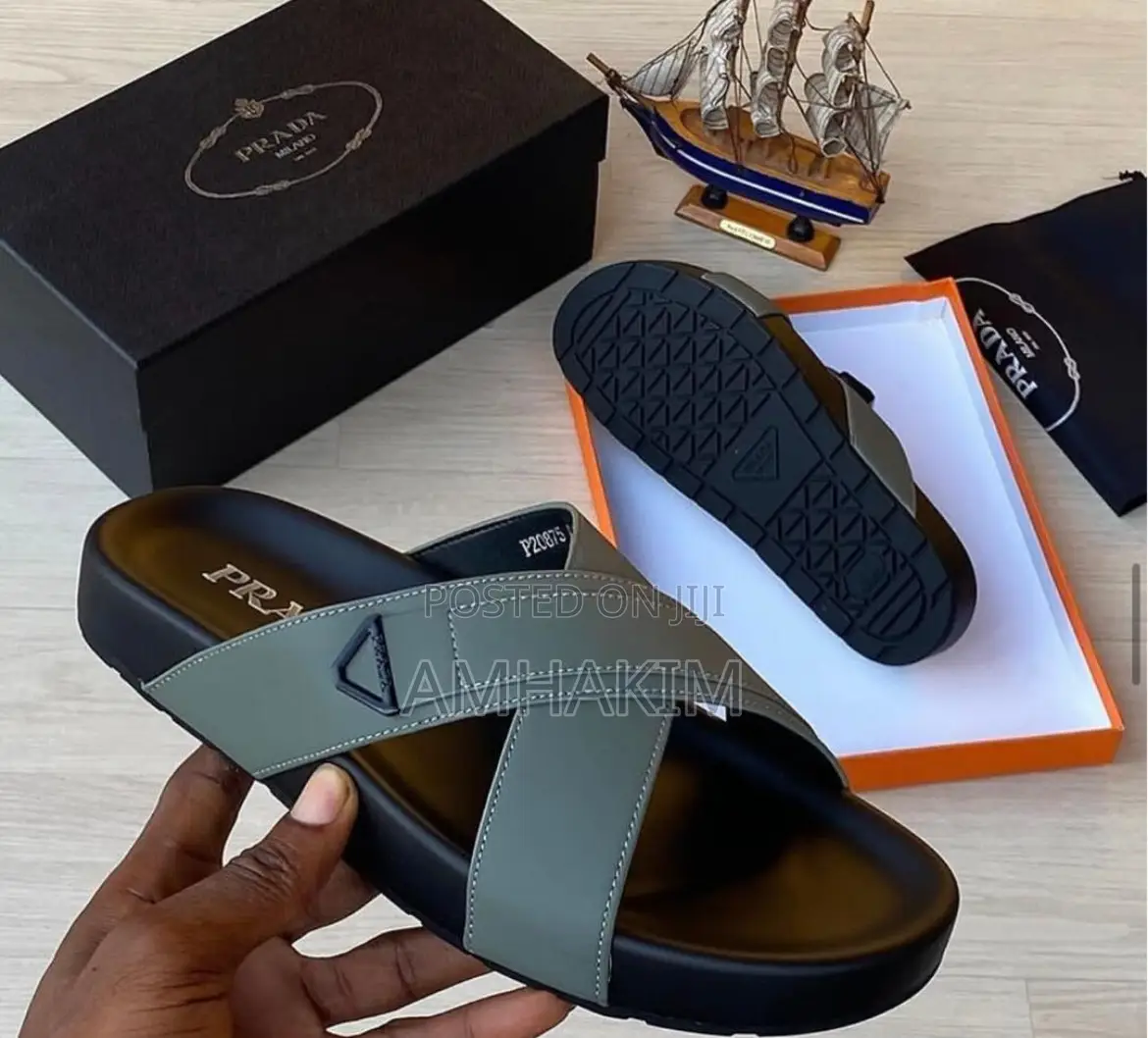 Classic Men's Prada Leather Crossed Sandals in Stock