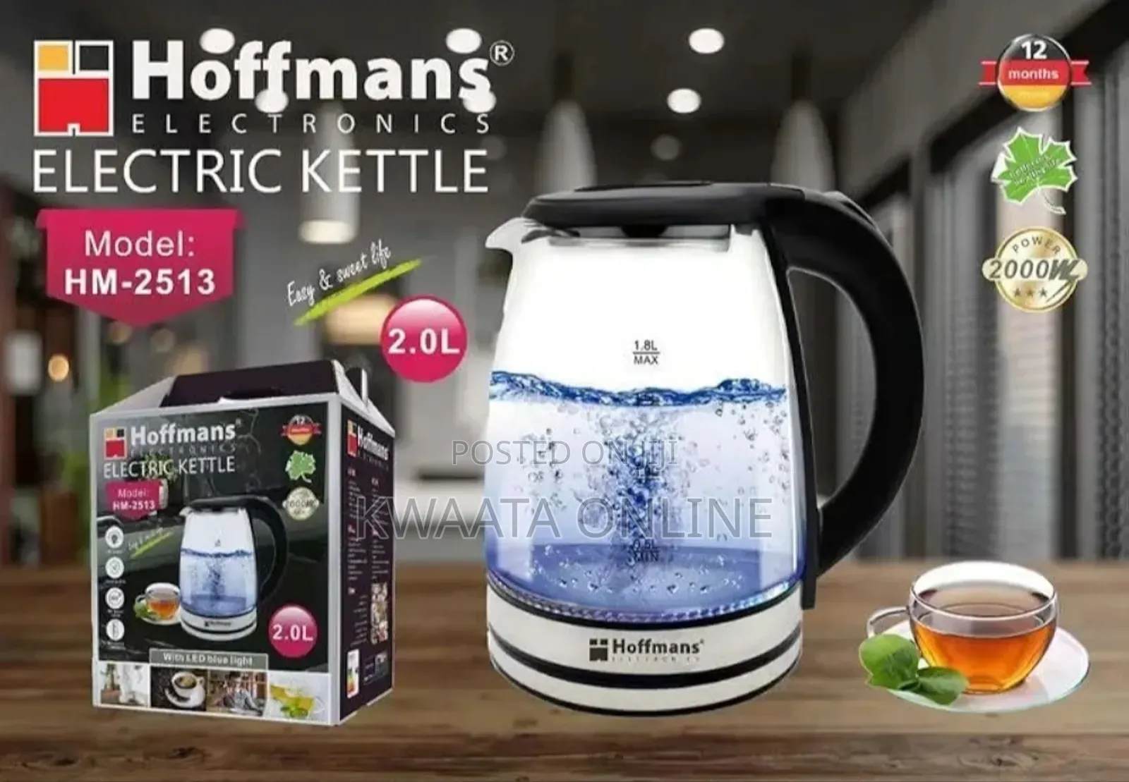 Hoffmans Hm-2513 Glass Kettle With Led Blue Lighting 2000w