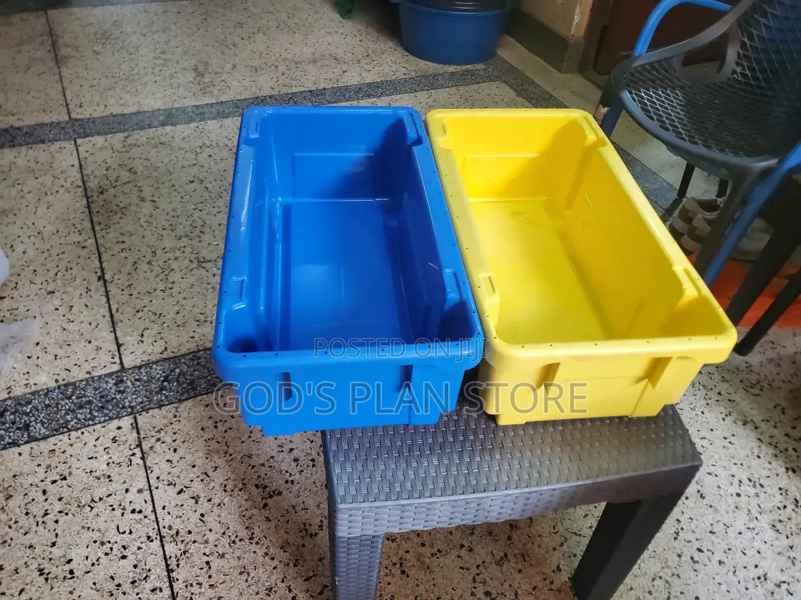 Yellow and Blue Plastic Crates