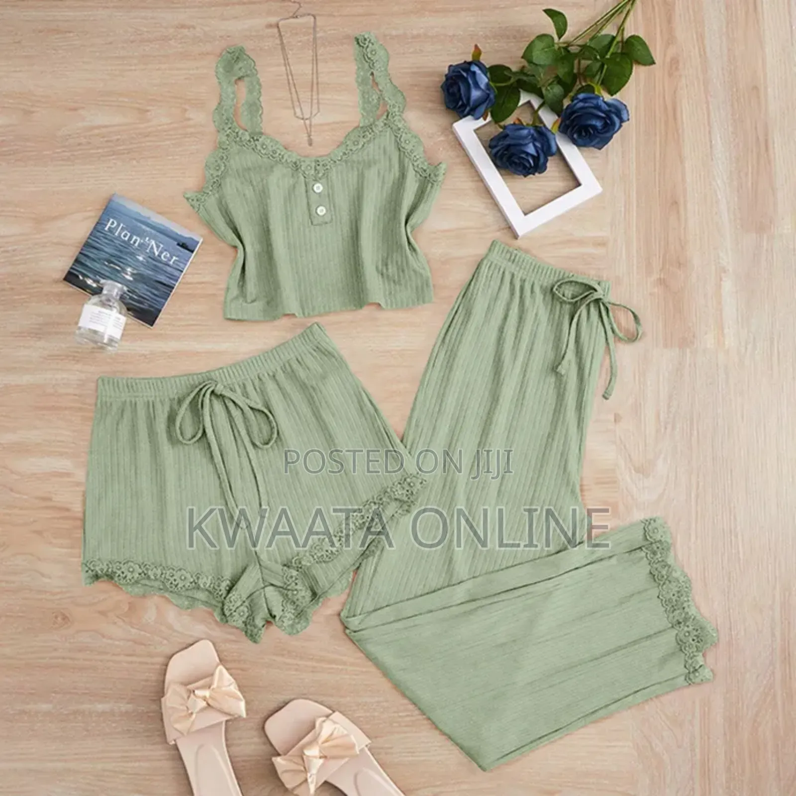 3 Pc Lace Pit Vest Trousers Pajamas for Women