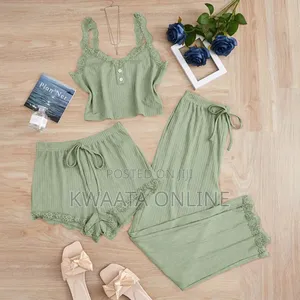 3 Pc Lace Pit Vest Trousers Pajamas for Women