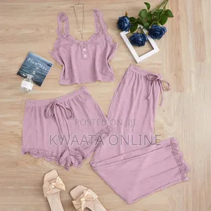 3 Pc Lace Pit Vest Trousers Pajamas for Women
