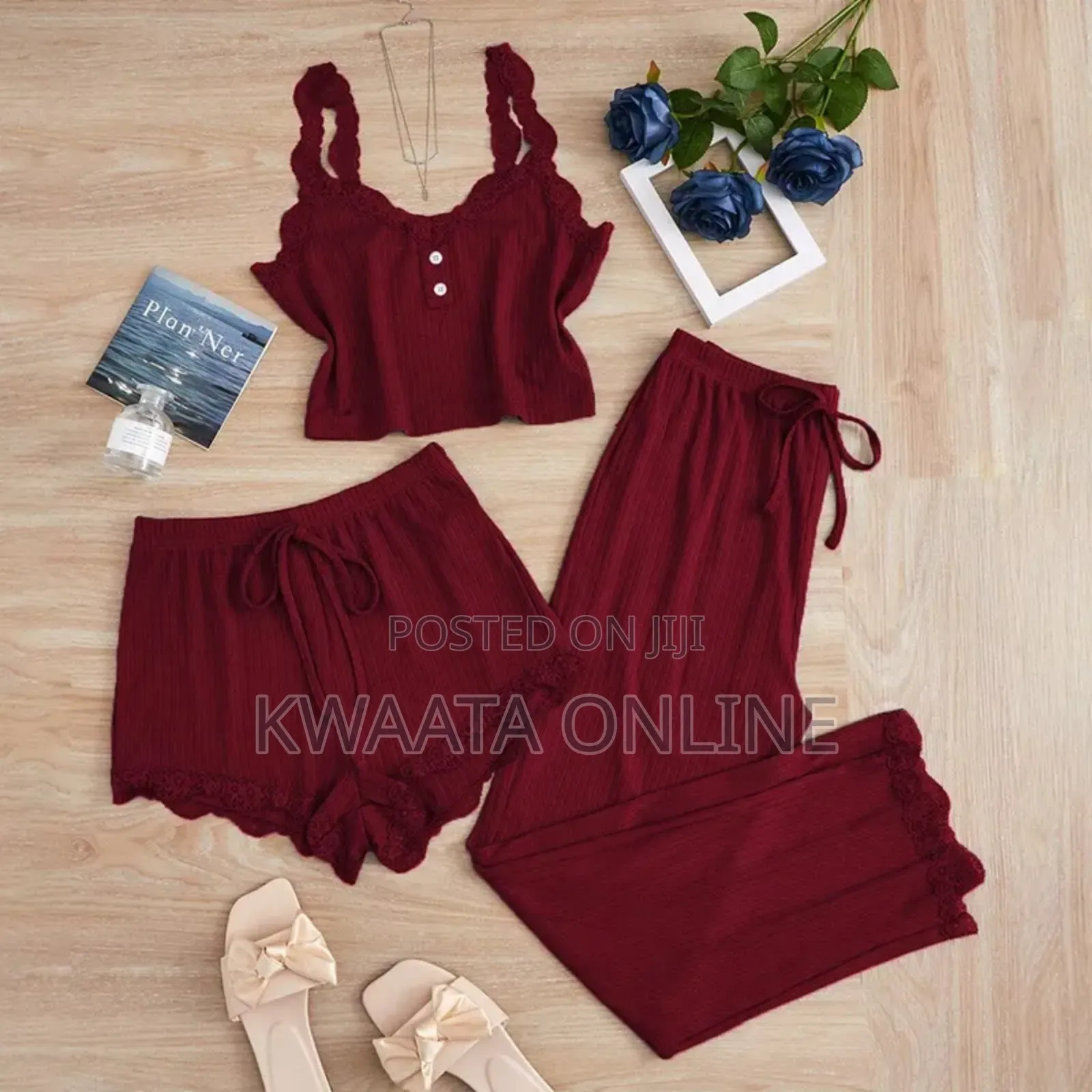 3 Pc Lace Pit Vest Trousers Pajamas for Women
