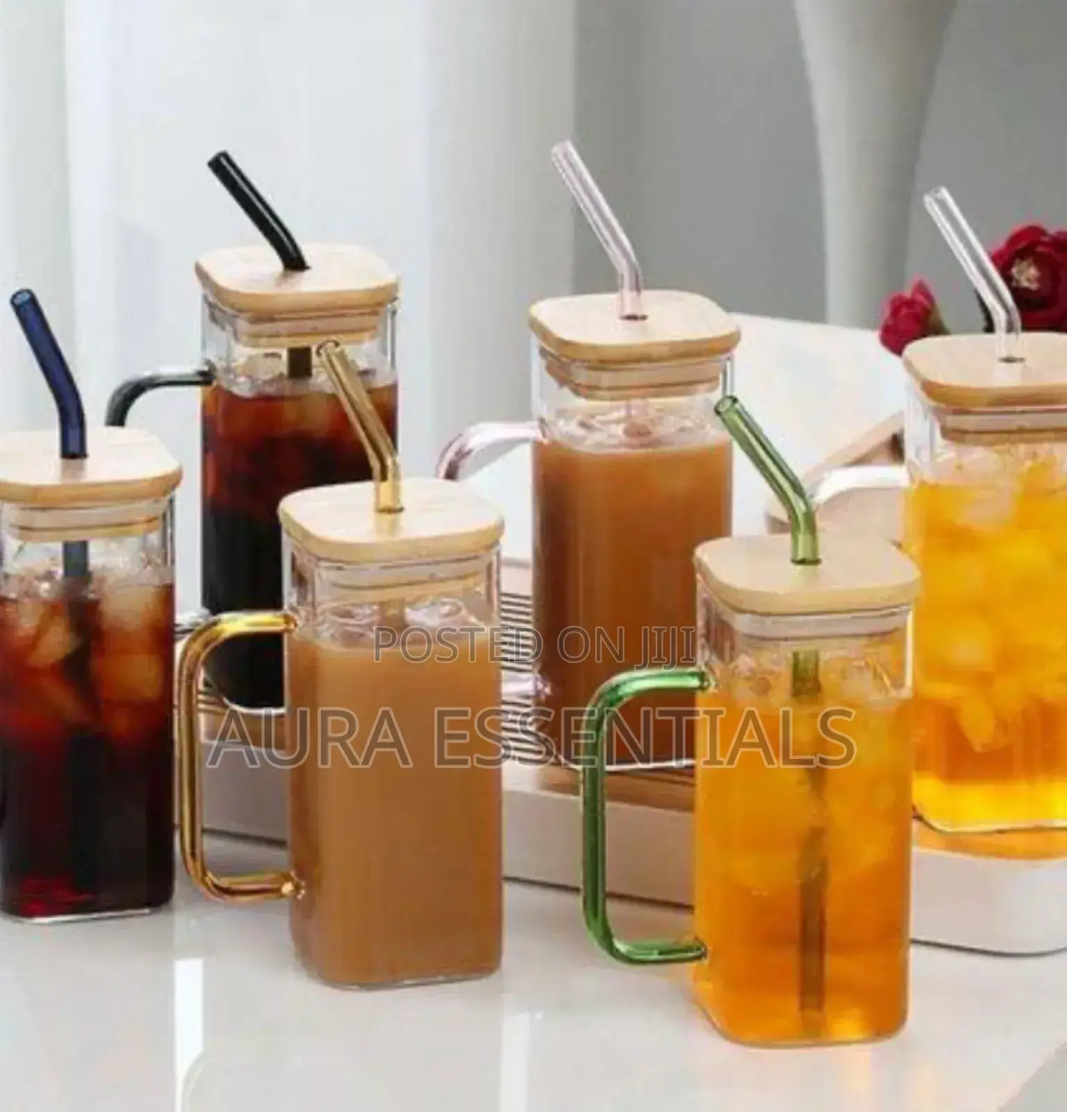 400ml Square Glass Cups With Bamboo Lids