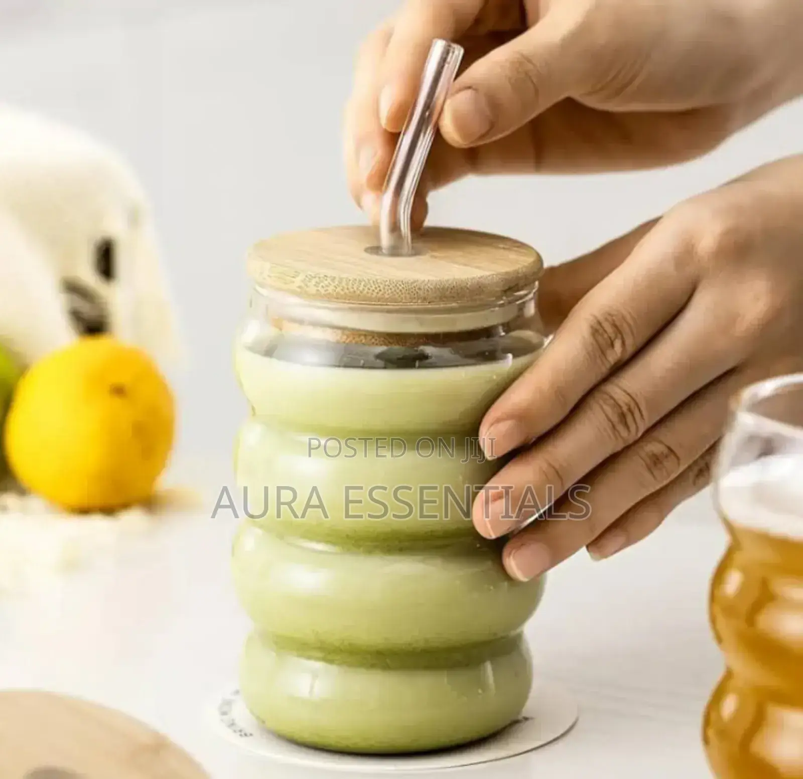 Glass Tumbler With Airtight Wooden Lid and Straw