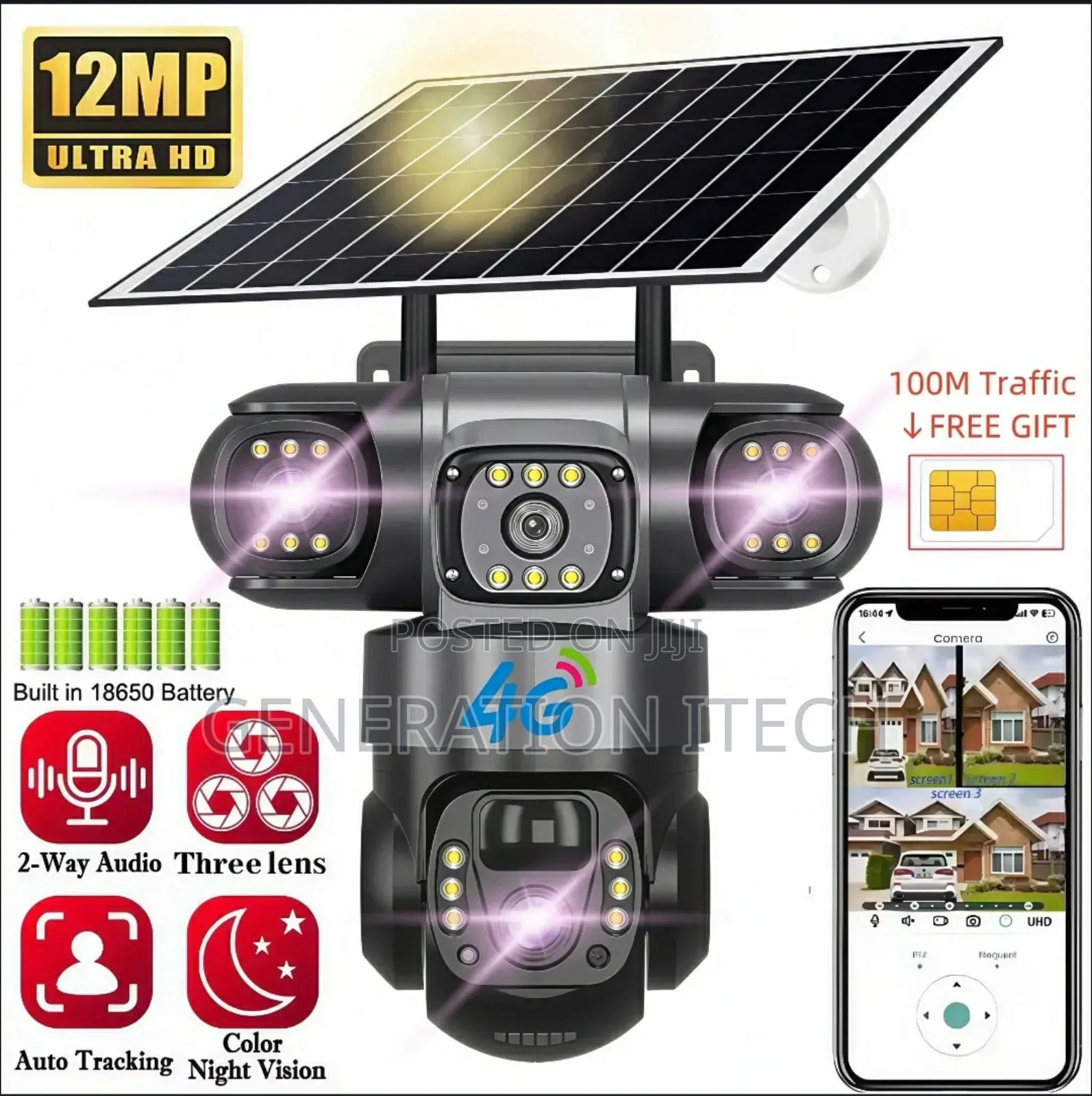 Triple Lens 4g Solar Camera - 10x Zoom- 12mp- Motion Sensor