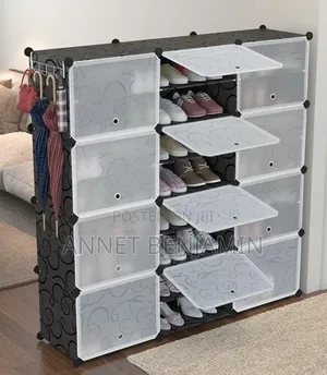 Photo - Black 3column 8tier Plastic Shoe Rack