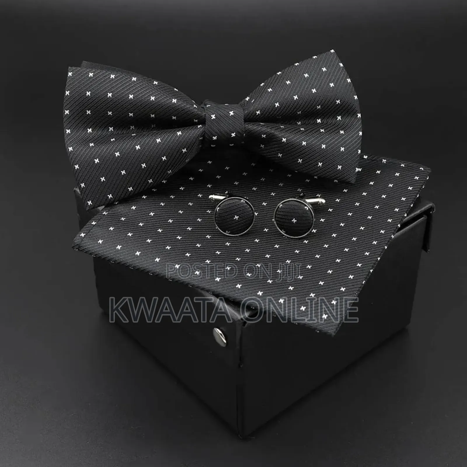 Men Bowtie Cravat Cufflinks Set Silver Dot in Gift Box