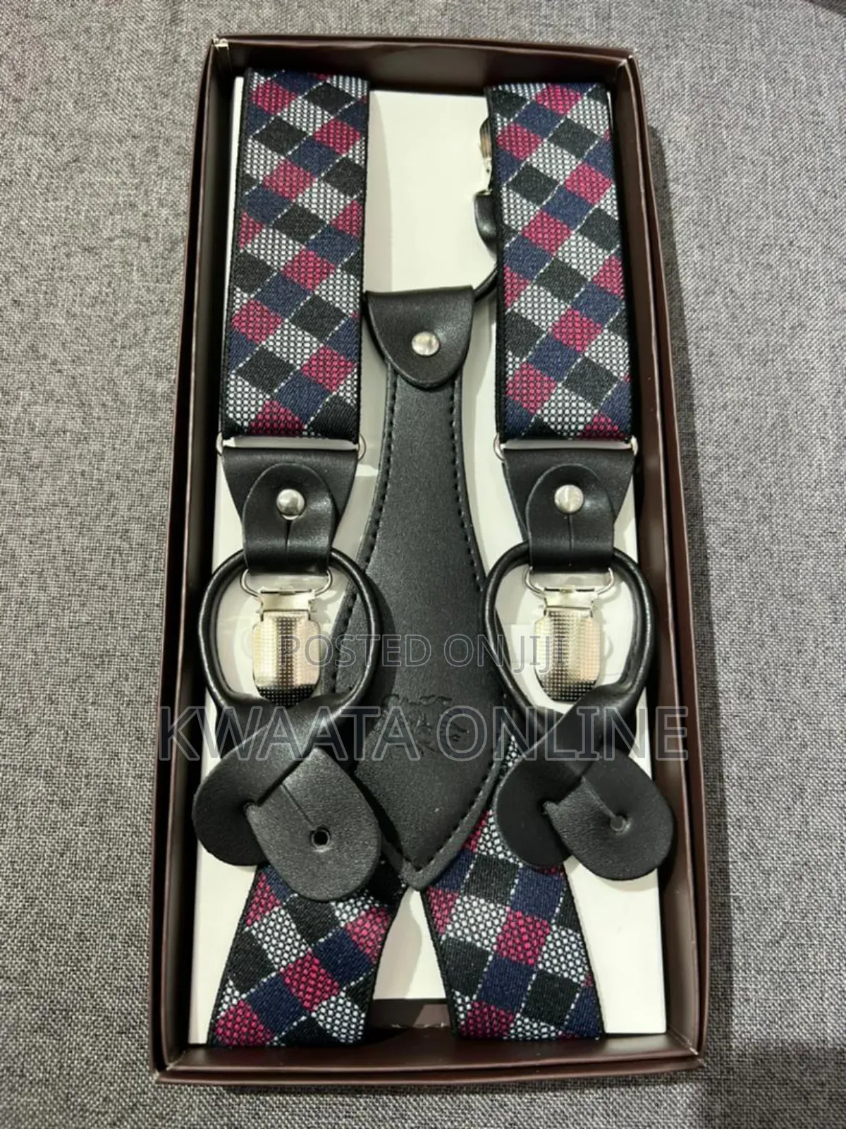 Mens Solid Fabric Suspenders Braces Convertible Leather Ends