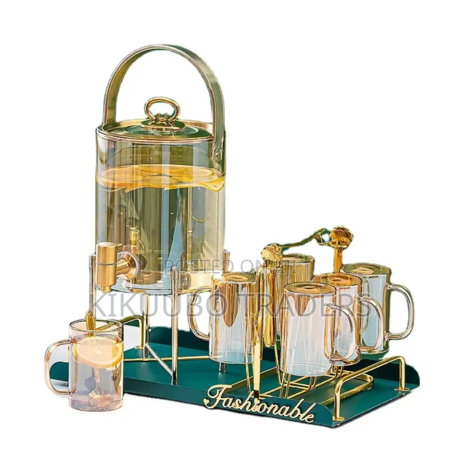 Glass Beverage Dispenser With Stand and Glasses Set