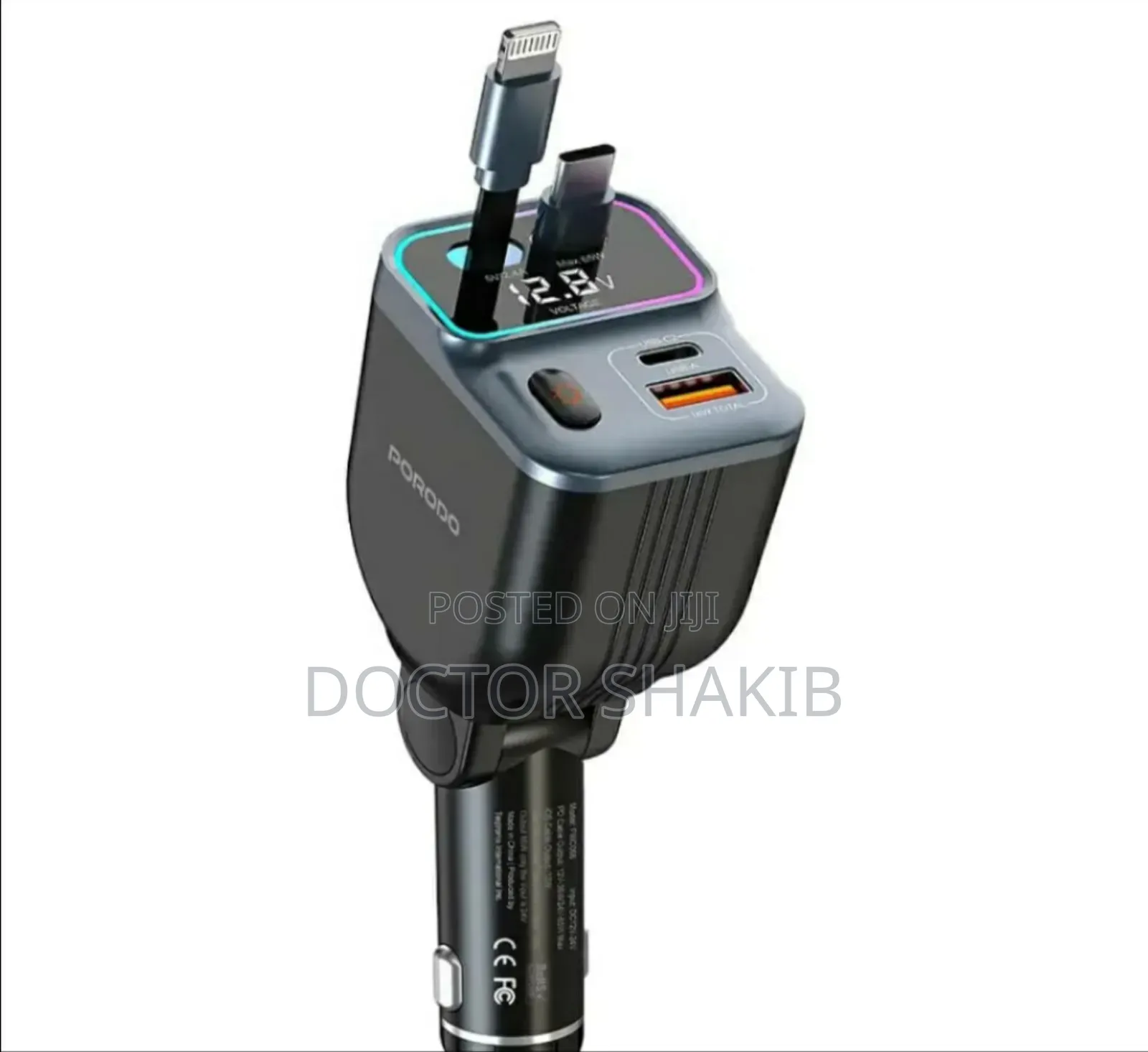 New Porodo 65w Car Charger Dual Retractable Cable - Black