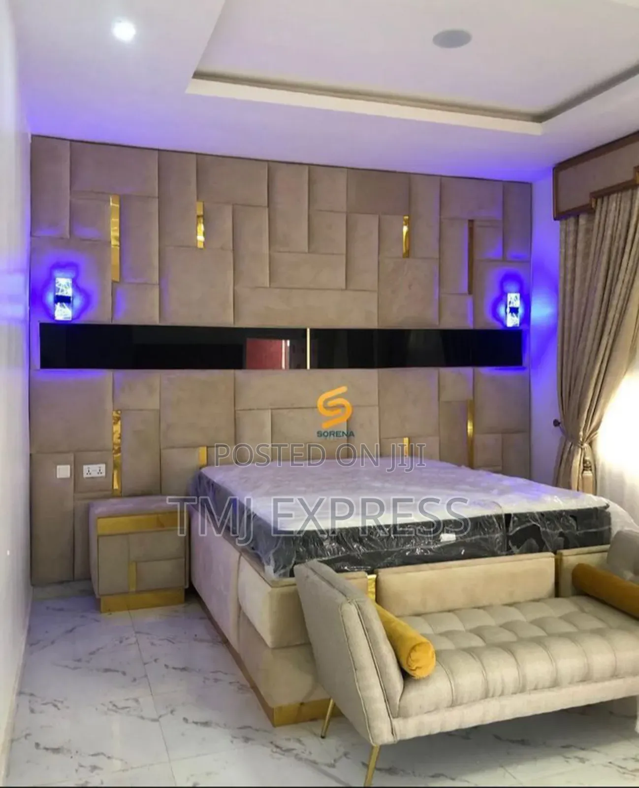 6x6 Leather Bed With Full Wall Covered and Lights