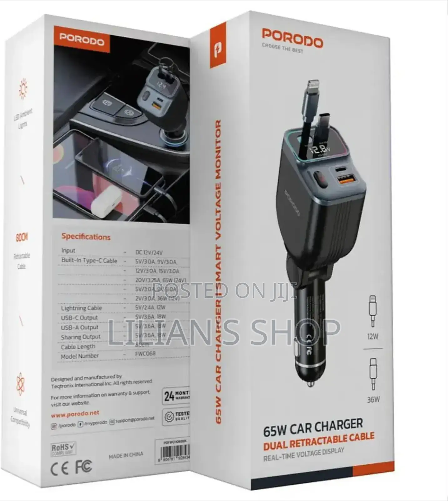Porodo 65w Car Charger Dual Retractable Cable - Black