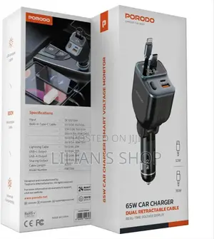 Porodo 65w Car Charger Dual Retractable Cable - Black