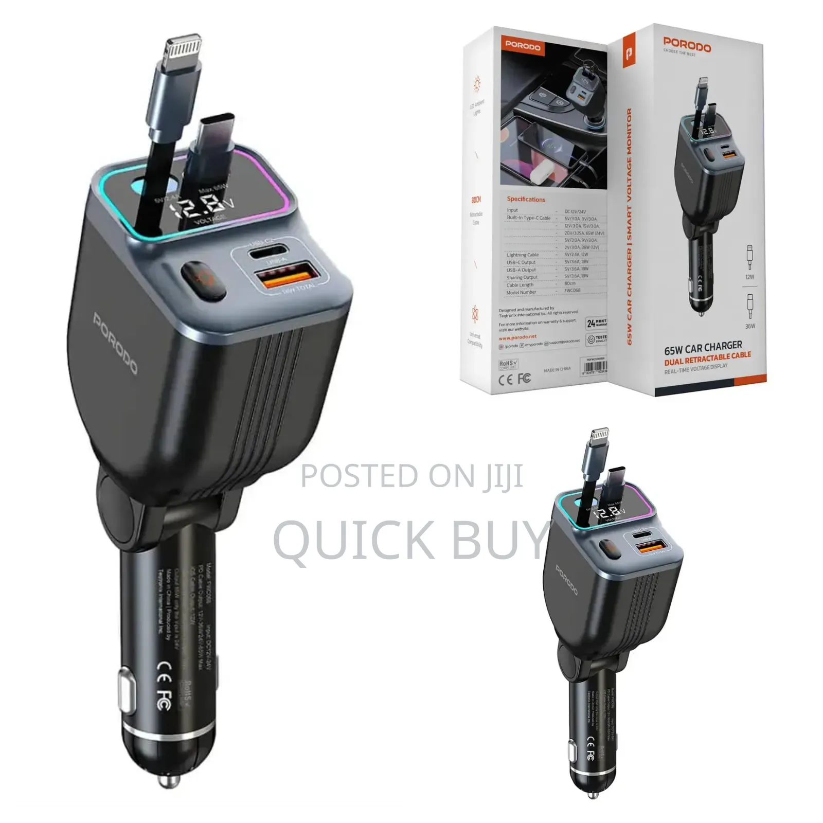 Porodo 65w Car Charger Dual Retractable Cable - Black