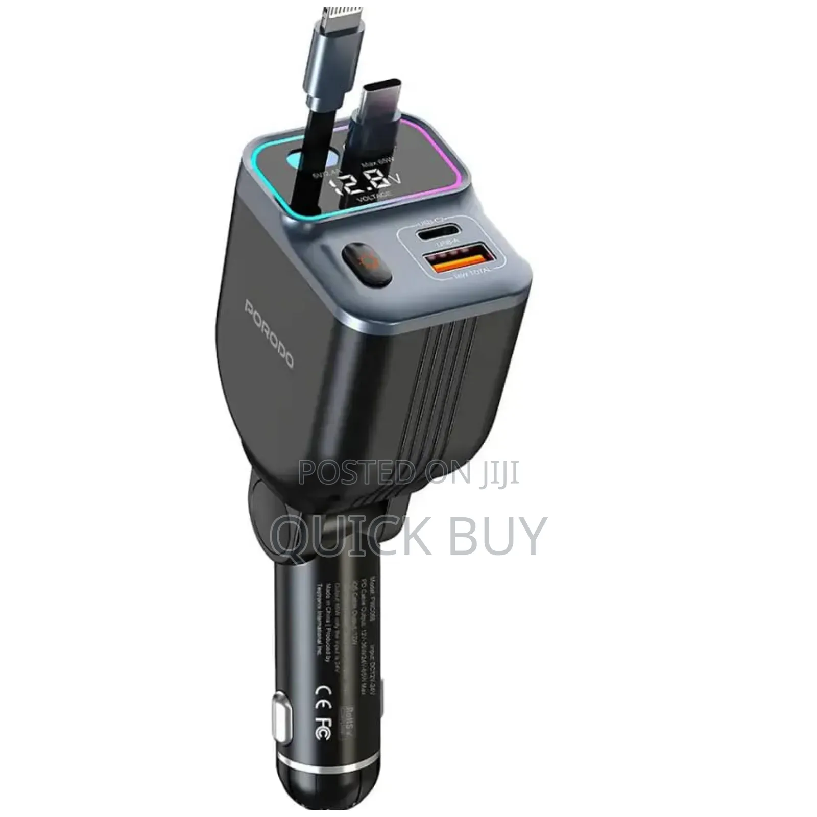 Porodo 65w Car Charger Dual Retractable Cable - Black